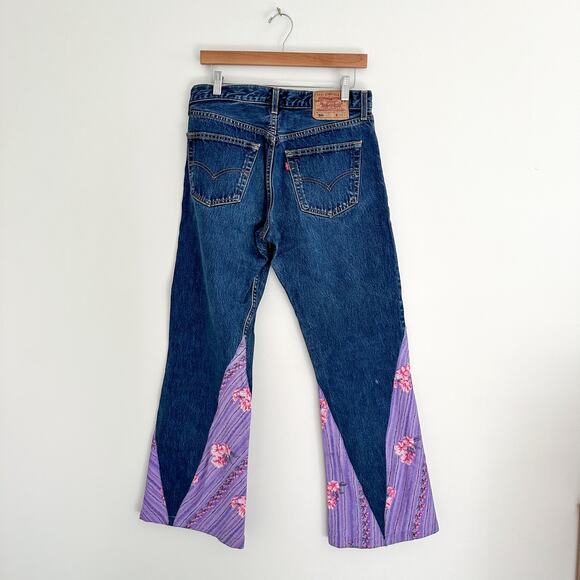 Levi's 501 Floral Patchwork Bell Bottom Flare Denim Jeans Dark Wash 33 - Picture 7 of 12